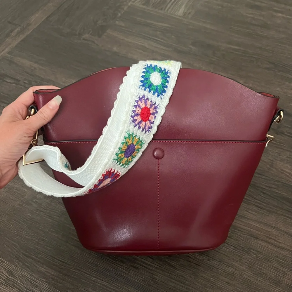 Maroon Bucket Bag Purse w Colorful Wide Crossbody Adjustable Strap